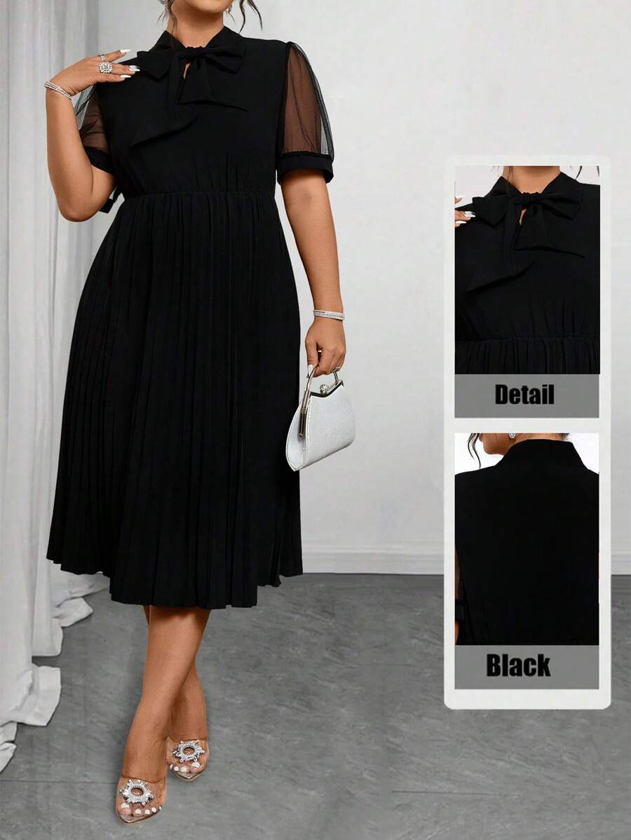 Elenzga 夏季大码优雅纯色网眼拼布连衣裙 - 黑色 - 查看 1