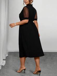 Elenzga 夏季大码优雅纯色网眼拼布连衣裙 - 黑色 - 查看 6