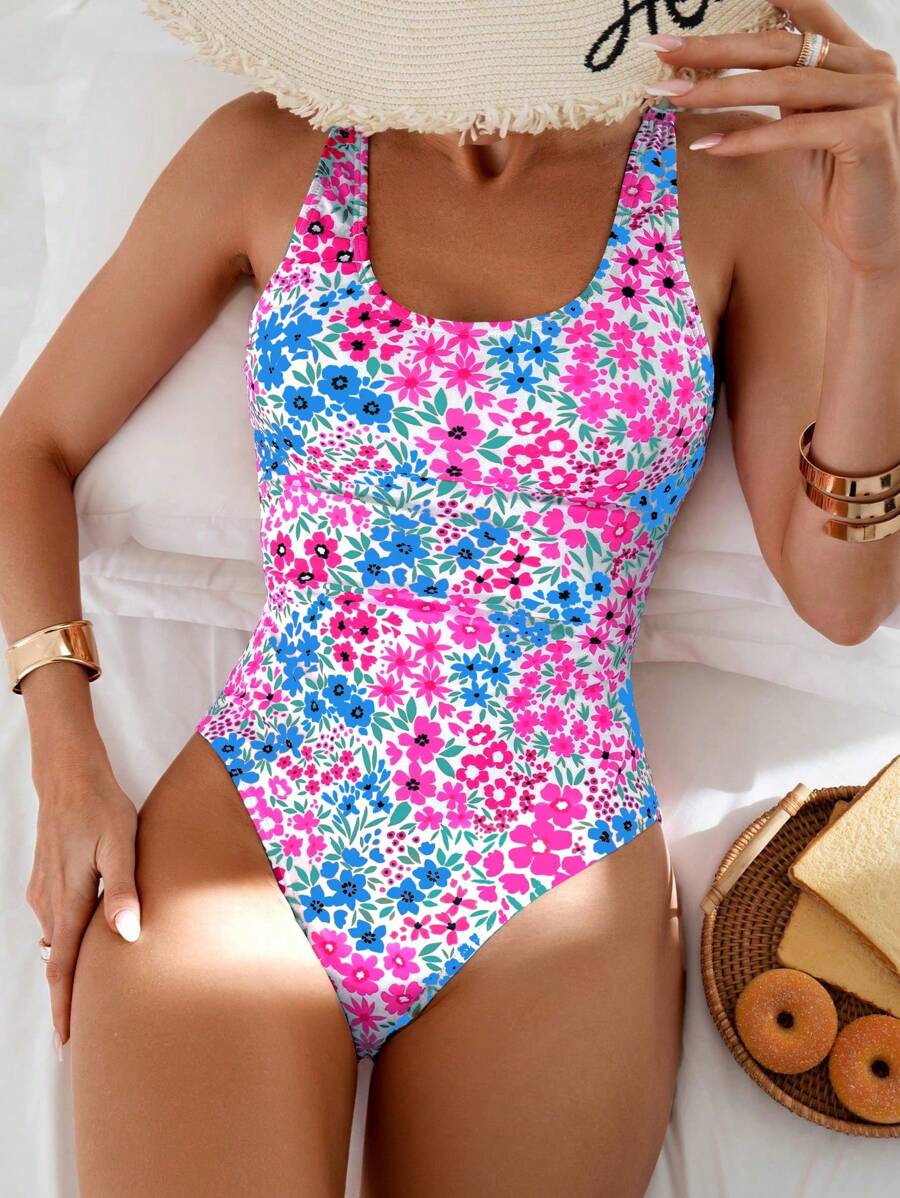 SHEIN Swim 1 件女式全身印花连体泳衣,适合夏季、海滩、度假的连体泳衣 - 彩色 - 查看 1