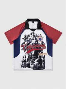 ROMWE MEN Prep Men's Vintage Streetwear Style Goth Virgin Mary Graphic Print Polo Shirt, Halloween - White - View 3