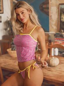 Swim Mod Women's Retro Plaid Colorblock Cute Girl Bikini Top & Bottom Set For Summer Beach Vacation