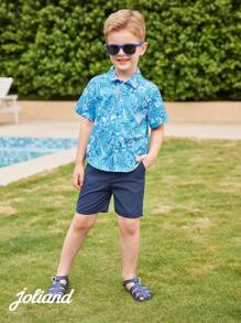 Joliand 1 pieza Camisa de manga corta con estampado de piña floral azul casual y elegante para vacaciones en la ciudad, adecuada para ocio, uso diario, viajes, hogar, playa, verano para niños pequeños