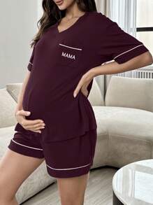 孕妇撞色装饰口袋字母印花短袖短裤睡衣套装 - 酒紅色 - 查看 6