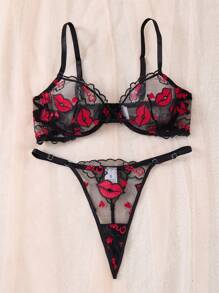 SHEIN 2pcs Women's Sexy Red Lip Embroidered Seductive Lingerie Set - Black - View 4