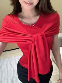 DAZY 夏季二合一披肩翻领系带性感修身休闲假日风格短袖安卡拉红色T恤女款