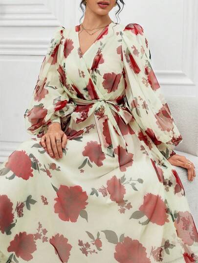 Modelyn Women's Rose Printed Mesh Modest Long Lantern Sleeve Dress With Belt Long Evening Dresses