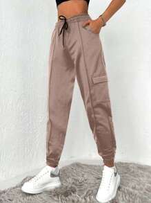Cottnline Women's High Waist Drawstring Tapered Leg Cotton Sweatpants - Camel - View 5