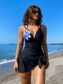 Swim Vcay 2 件女式黑色花卉印花拼布泳衣，合身性感复古休闲高腰双肩带露背比基尼套装 - 彩色 - 查看 1