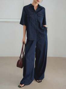 Dazy-Less Loose Casual Business Style Office Wear Large Pocket Utility Retro Washed Denim Shirt And Straight Leg Casual Jeans Pants 2 Pieces Set For Women - Dark Wash - View 3