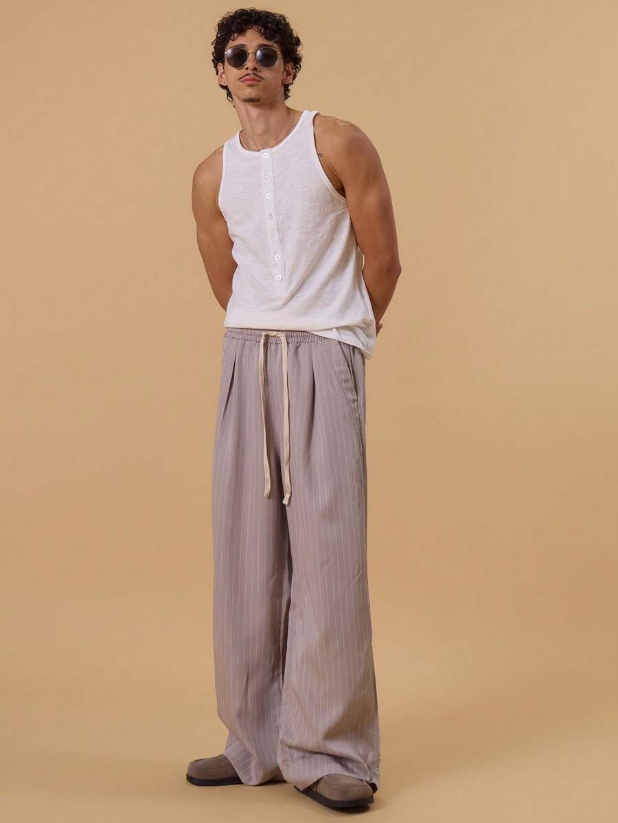 Musero Contrast Drawstring Straight Leg Pinstripe Trousers Spring Summer Vacation Holiday Smart - Khaki - View 1