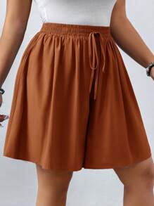 SHEIN LUNE Plus Size Plain Knot Detail Loose Summer Women Casual Shorts Plus Size Shorts High Waist Women Plus Size Shorts Brown Shorts Women Modest Shorts Brown Shorts - Mocha Brown - View 6
