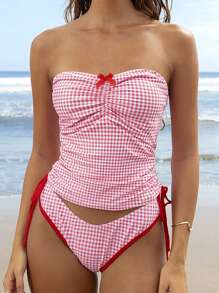 Swim Mod Women's Summer Plaid Random Print Spaghetti Strap Ruched Drawstring Bow-Knot High Cut Bikini Set - Multicolor - View 1