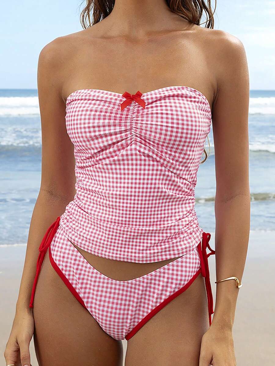 Swim Mod Women's Summer Plaid Random Print Spaghetti Strap Ruched Drawstring Bow-Knot High Cut Bikini Set - Multicolor - View 1