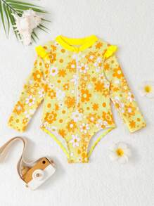 SHEIN 1pc Baby Girl Floral Print Half Zip One-Piece Swimsuit