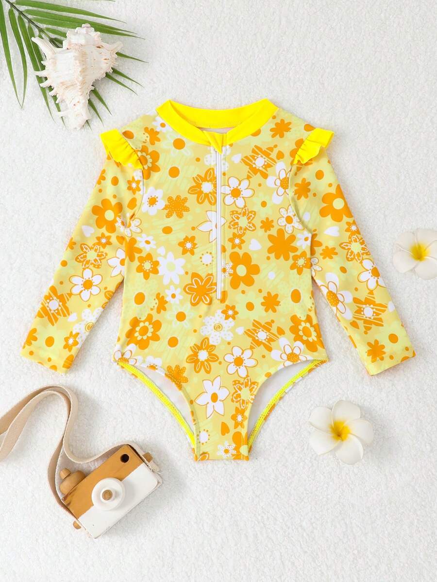 SHEIN 1 peça de maiô de uma peça com estampa floral e zíper para bebê menina - Multicolorido - Ver 1