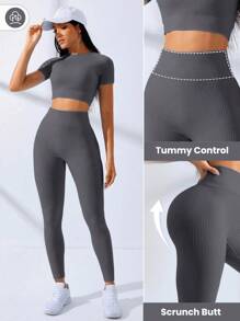 Gameset SHEIN Sport Costum sport pentru femei, elastic, fără cusături, culoare solidă, top cu mânecă scurtă, și pantaloni, costum sport, seturi atletice pentru femei, haine de antrenament, echipament de antrenament, îmbrăcăminte pentru femei, îmbrăcăminte atletică pentru femei, exerciții fizice