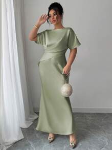 Elenzga 大码女式春夏法式优雅奢华办公室、约会、通勤休闲度假下午茶 V 领交叉腰鱼尾下摆假两件肩袖长裙，缎面材质，正式