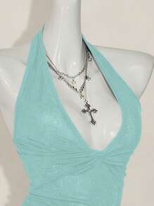 SHEIN ICON Damski jednokolorowy, swobodny, głęboki dekolt w serek, skręcony top typu halter - Miętowy niebieski - Zobacz 10