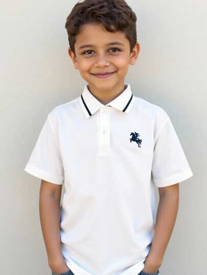 SHEIN Tween Boy Casual Cartoon Print Short Sleeve Polo Shirt, Suitable For Summer