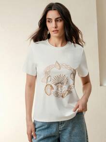 Anewsta Heavy Print Handmade Beaded Round Neck Versatile Regular Shoulder Short Sleeve T-Shirt - White - View 3