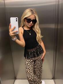 SHEIN Tween Girl Casual Chic Woven Leopard Print Straight Leg Pants, Mommy And Me Matching Outfits (2 Pieces Sold Separately)
