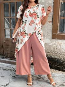 SHEIN Clasi 大码优雅花卉印花不对称下摆衬衫和纯色裤子套装，夏季 - 彩色 - 查看 7