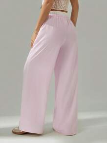 SHEIN PETITE Women's Casual Solid Color Pink Striped Contrast Waist Long Pants,Vacation Outfits Woman Fashionable For Daily Wear