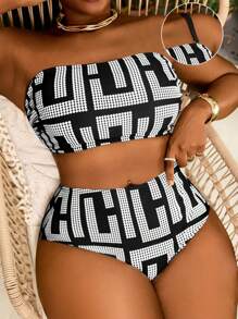 Slaydiva Plus Size Women Geometric Print Bandeau Top With High Waist 2 PiecesPant Set, Summer Beach Holiday,Vacation Outfits Woman - Black and White - View 1