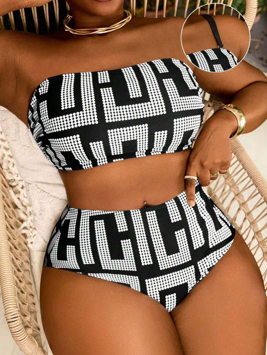 Slaydiva Plus Size Women Geometric Print Bandeau Top With High Waist 2 PiecesPant Set, Summer Beach Holiday,Vacation Outfits Woman - Black and White - View 1