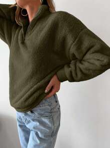 RueChic Của phụ nữ Màu thuần Thả vai Đứng cổ áo Sang trọng Áo nỉ - Màu Khaki - Xem 5