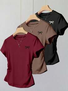 SHEIN Explorewe Tween 女童蝴蝶结印花圆领短袖荷叶边休闲 T 恤，夏季