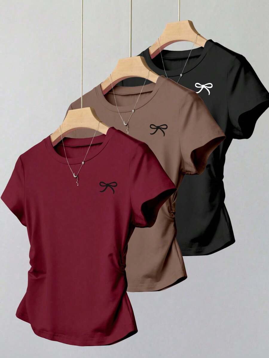 SHEIN Explorewe Tween 女童蝴蝶结印花圆领短袖荷叶边休闲 T 恤，夏季