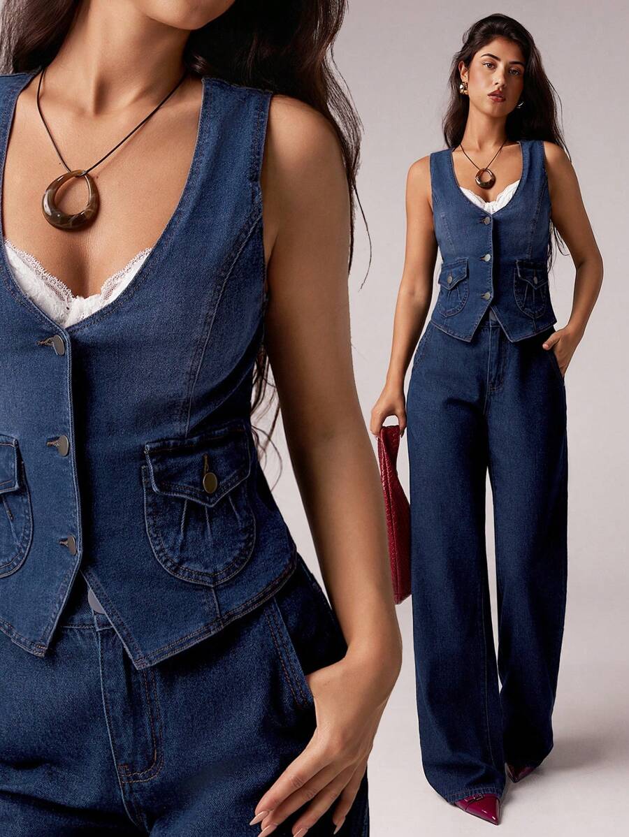 Avantive 深蓝色水洗 V 领无袖口袋牛仔上衣，适合返校/万圣节/婚礼嘉宾/度假/千禧年/海滩/可爱/教师/外出/商务休闲/优雅/生日/办公室/乡村音乐会/俱乐部/西部/工作/街头服饰/复古/节日/鸡尾酒/锐舞/舞会/机场/趣味/基本款/早午餐/2000 年代风格/紧身/老钱风格/教堂/返校节/优雅/派对/端庄/仙女风/约会之夜/节日/度假装/坏蛋/夜间外出