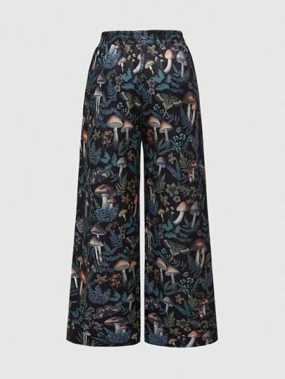 Fairycore Plus Size Women's Vintage Style Versatile Mushroom & Leaf Print Wide-Leg Pants