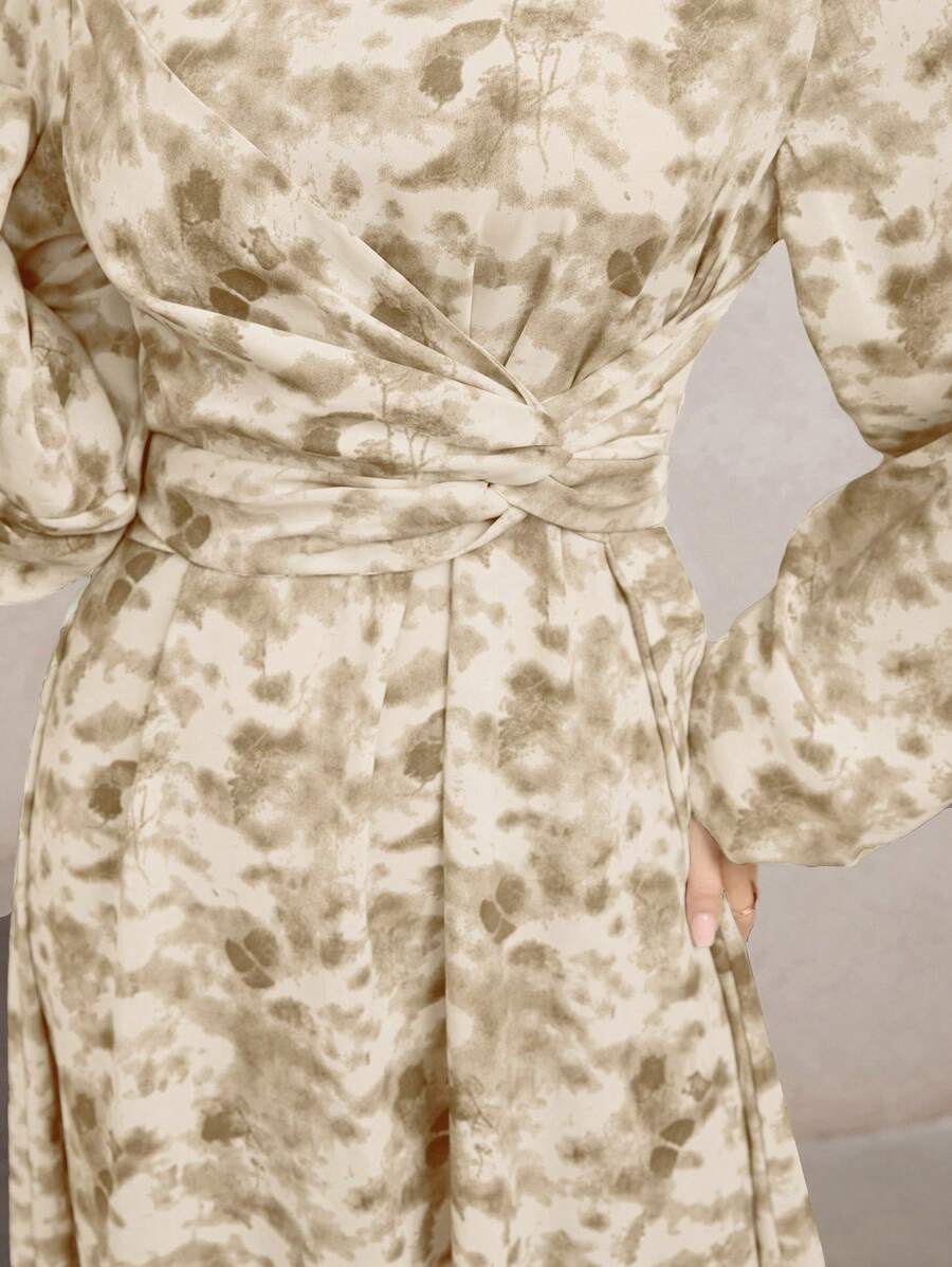 Veilorie Đầm suông tay đèn lồng in họa tiết toàn thân cho nữ, eo nhún - Màu vàng - Xem 1