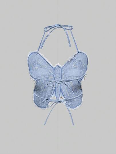 Grunge Punk Tops de mezclilla sin mangas con espalda anudada y diseño recortado de mariposa para mujeres