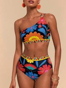Travachic Women Floral Print Asymmetrical Neck Bra & Briefs Bikini Set - Multicolor - View 3