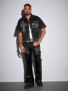 ROMWE MEN Street Life Men's Daily Street Rhinestone Patch Pocket Denim Jeans - Black - View 3