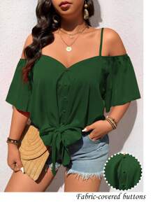 SHEIN LUNE Camisa de estilo retro con hombros descubiertos y nudo delantero, en unicolor, de moda y casual, talla grande - Verde Oscuro - Ver 6