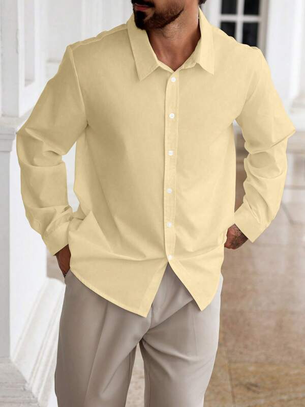 Manfinity Homme Plus Size Men's Solid Color Front Button Closure Casual Versatile Long Sleeve Shirt