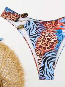 Swim Vcay Women Sexy Leopard Print Bikini Set With Random Floral Print, Halter Neck Tie Side Swimsuit For Summer Beach Vacation