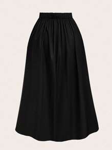 SHEIN LUNE 优雅通勤可爱简约休闲女式花卉印花时尚百搭舒适面料弹性腰部 A 字下摆设计黑色加大码裙子，春夏秋季