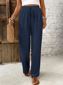 SHEIN PETITE CURVE Plus Size Women's Solid Color Straight Elastic Waist Drawstring Casual Pants - Navy Blue - View 4