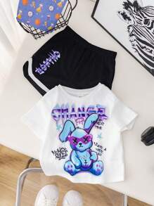 SHEIN 2pcs/Set Baby Boy Summer Cute Cartoon Print Knit Short Sleeve T-Shirt And Elastic Waist Shorts Set - Multicolor - View 7
