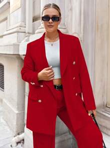 EURMUSE Women's Plus Size Simple Solid Color Daily Suit Set - Red - View 6