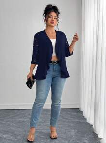 SHEIN Clasi Chaqueta de verano regular para mujer de talla grande, elegante abrigo negro con parches de encaje - Azul Marino - Ver 5