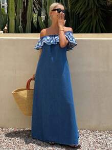 Livesso Váy hè hở vai thêu hoa giản dị cho nữ đi nghỉ mát - Màu xanh lam - Xem 6