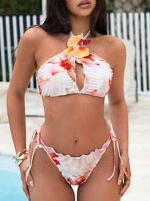 SHEIN Swim Women's Summer Beach Floral Print Hollow-Out Halterneck Tied Sexy Bikini Set - Yellow - View 6