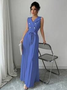 Elenzga Women's Elegant Solid Color Double-Breasted Sleeveless Pleated Jumpsuit, Suitable For Spring And Autumn - Blue - View 4