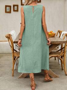 Omancia 女式休闲无袖太阳裙，带双口袋，超长度假海滩装 - 綠色 - 查看 2